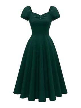 1950s Vintage Swing Dress with Puff Sleeves, Pockets Cocktail Tealength